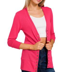 Zenana Cardigan Snap Sweater Womens L Large Hot Pink V-Neck Slim Fit Lightweight